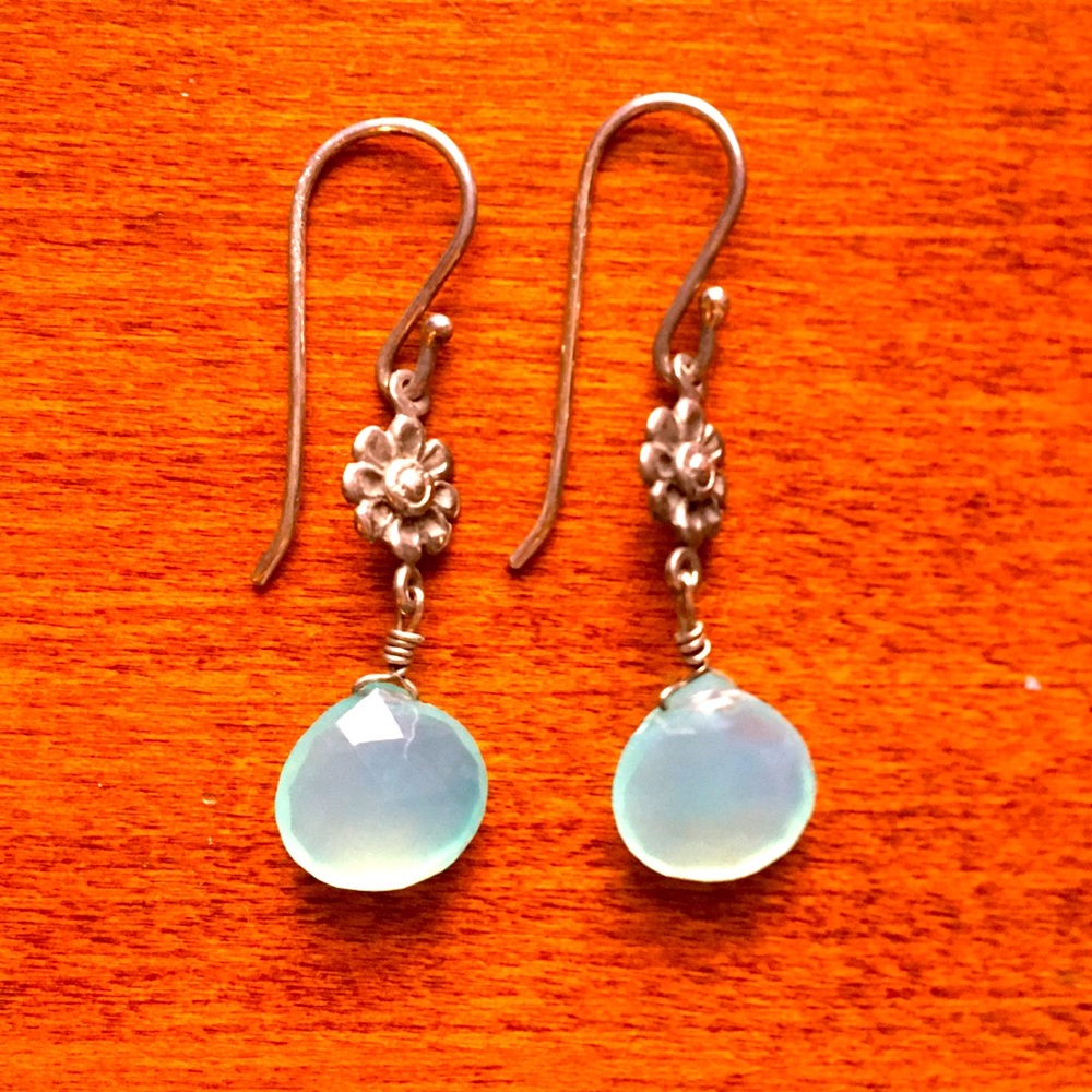 Silver flower with blue bead earrings